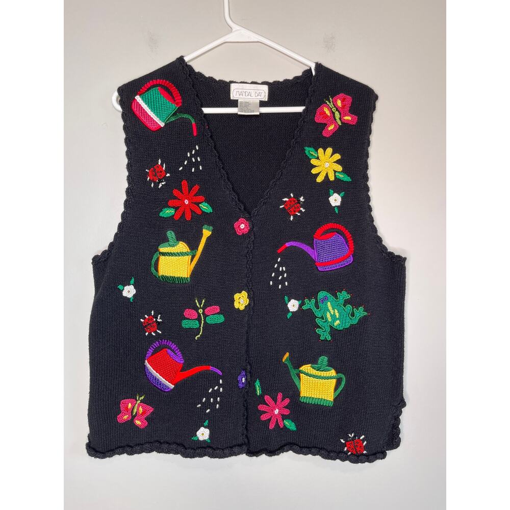 1980s Mandal Bay Insects Bugs Gardening Flowers Frogs Butterfly Sweater Vest L